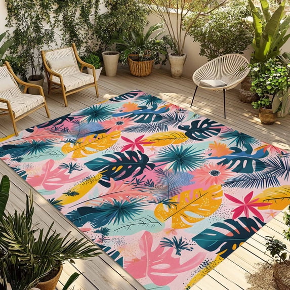 Palm Leaves Outdoor Rug 5x8 Ft - Reversible Patio Rug Outdoor Camping Rugs, Colorful Tropical Plant Summer Flower Washable Indoor Outdoor Area Rugs, Non-Slip Outdoor Carpet Runner for Deck/Porch