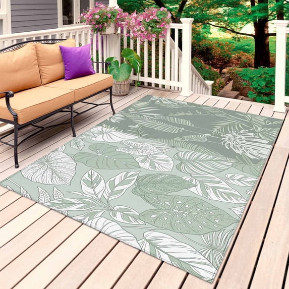 Palm Leaves Outdoor Rug 6x9 Ft, Non Slip Washable Area Rug, Tropical Botanical Monstera Leaf Light Green Patio Rugs Carpet Runner, Large Floor Mat for Indoor/Outdoor Deck Porch Camping