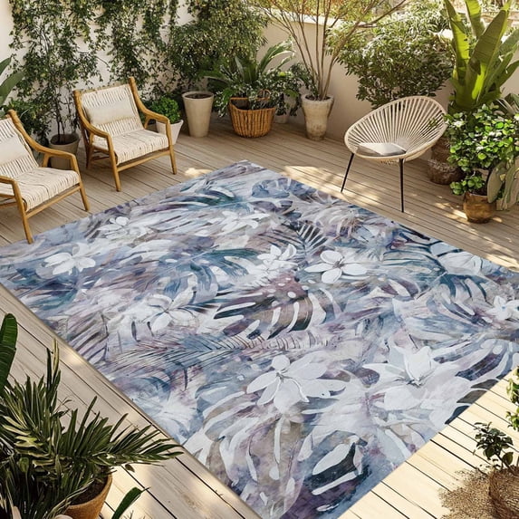 Palm Leaves Outdoor Rug for Patio/Deck/Porch, Non-Slip Large Area Rug 6 x 9 Ft, Spring Tropical Leaf Botanical Vintage Blue Indoor Outdoor Rugs Washable Area Rugs, Camping Rug Carpet Runner