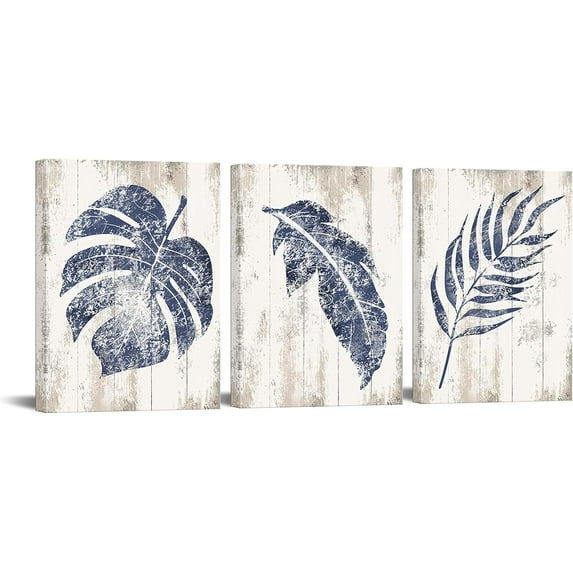 Palm Leaves Pictures Wall Decor Navy Blue Botanical Wall Art Prints on Canvas Rustic Leaf Painting Framed 12x16 Inch x 3Piece