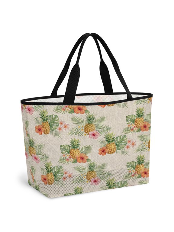 Palm Leaves Pineapple Beach Bag for Women, Large Breathable Mesh Beach Tote Bag, Tropical Summer Coastal Linen Sandproof Lightweight Travel Bags for Vacation Picnic Swimming Pool 15.7"x15.7"x9.1"