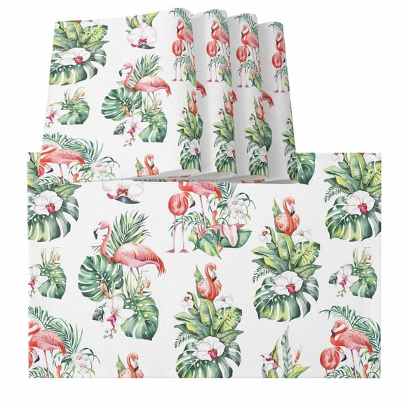 Palm Leaves Placemats for Dinning Table Set of 6, Tropical Flamingo Summer Green Flower Burlap Kitchen Place Mats Waterproof Cloth Table Mats, Indoor Outdoor Placemats Easy Clean Dinner Decor