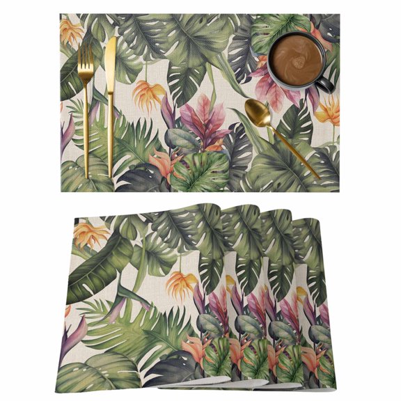 Palm Leaves Placemats Set of 12, Cotton Linen Fabric Place Mats, Summer Botanical Tropical Plants Rustic Washable Decorative Table Mats Protector for Home Kitchen Dining Wedding Party Coffee Tables