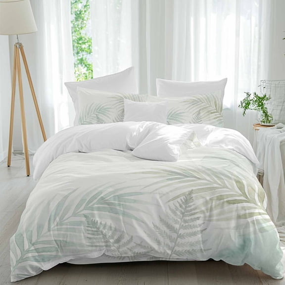Palm Leaves Queen Duvet Cover Set, Watercolor Sage Green Tropical Plants Beige 4 Piece Microfiber Bedding Set with Zipper Closure, Bed Sheet and 2 Pillow Shams, Soft Bedding Cover