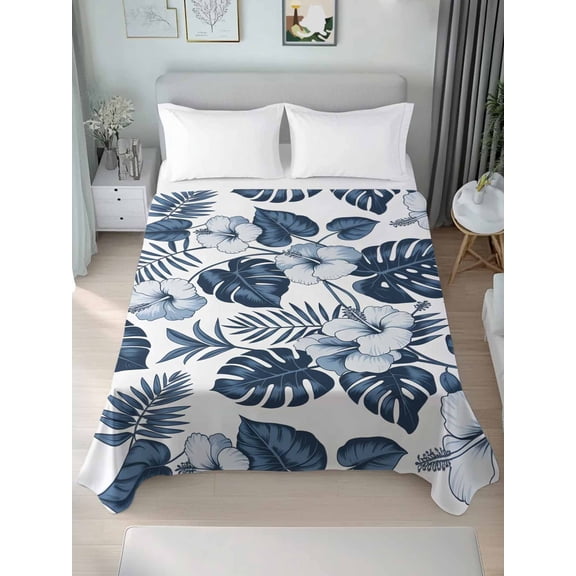 Palm Leaves Queen Size Flat Sheet, Wrinkleproof & Fadeproof Cooling Flat Bed Sheet Only, Vintage Summer Blue Tropical Flowers Plants Breathable Soft Bedding Top Sheets 90 x 102 Inches