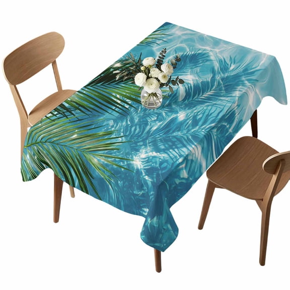 Palm Leaves Rectangle Tablecloth Summer Pool Sunshine Water Ripples Waterproof Wrinkle Free Soft Table Cloth Spill-Proof Washable Table Cover for Dining Party Picnic 52 x 70 Inch