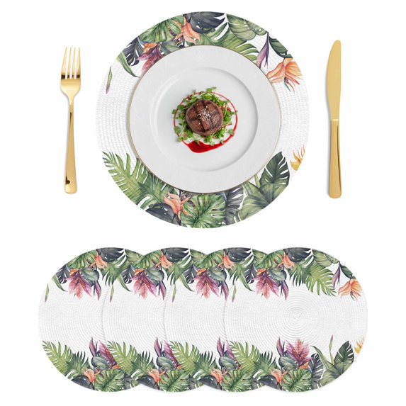 Palm Leaves Round 13 Inch Placemats Set of 4, Summer Botanical Tropical Plants HeatResistant Non Slip Place Mats for Dining Table, Wipeable Braided Kitchen Table Mats for Housewarming