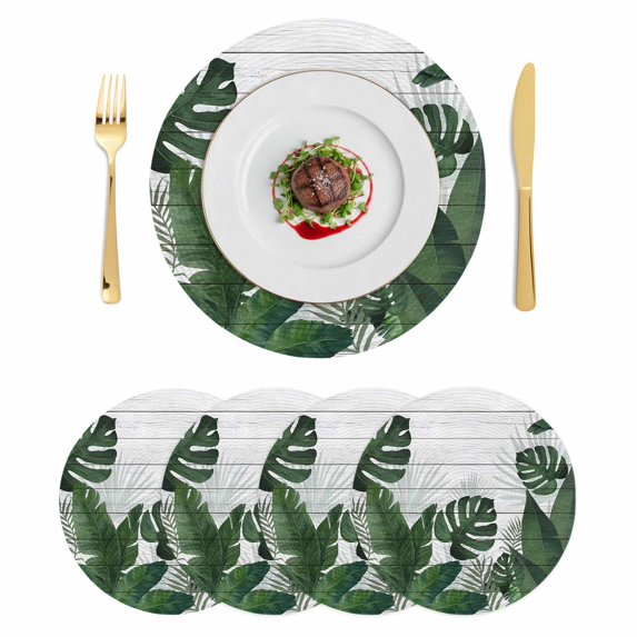 Palm Leaves Round 15 Inch Placemats Set of 4, Tropical Botanical Leaf Summer Wooden Gray HeatResistant Non Slip Place Mats for Dining Table, Wipeable Braided Kitchen Table Mats for Housewarming