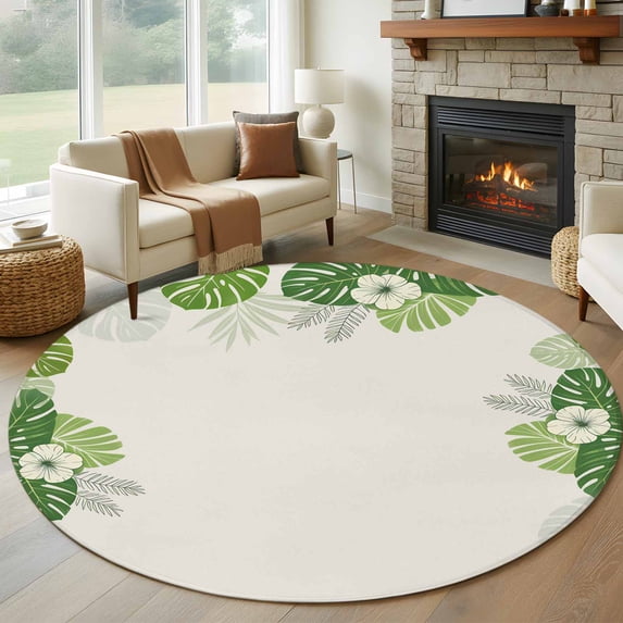 Palm Leaves Round Area Rug 8Ft Washable Large Circle Rugs for Living Room Dorm, Farmhouse Summer Tropical Leaf Flowers Non-Slip Carpet Floor Mats Indoor Outdoor Carpet Runner Aesthetic Home Decor
