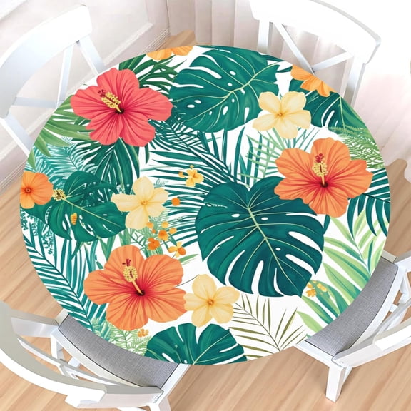 Palm Leaves Round Fitted Tablecloth with Elastic Edge,Water-Resistant Wipeable Reusable Picnic Spring Summer Tropical Floral Table Cover for 48-52" Stretch Table Cloth for Dinner Indoor Outdoor Party