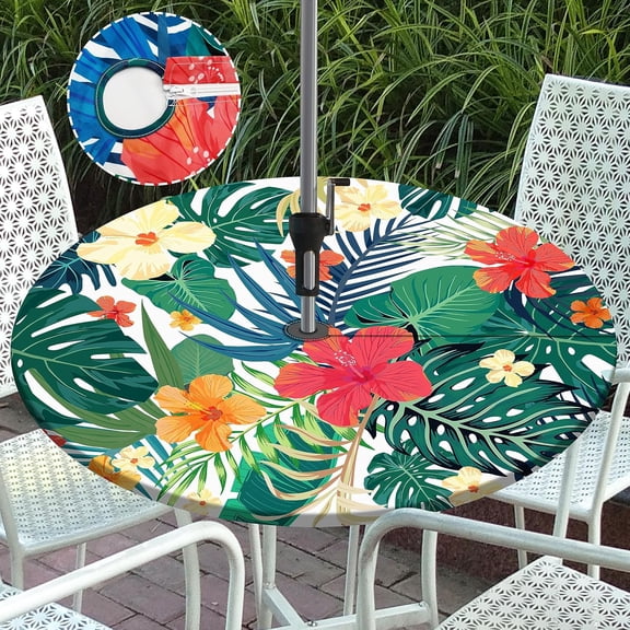 Palm Leaves Round Outdoor Tablecloth with Umbrella Hole Zipper Elastic Outdoor Table Cover Waterproof Fitted Tablecloth for Patio Picnic Party Fits 48-52" Diameter Round Tables