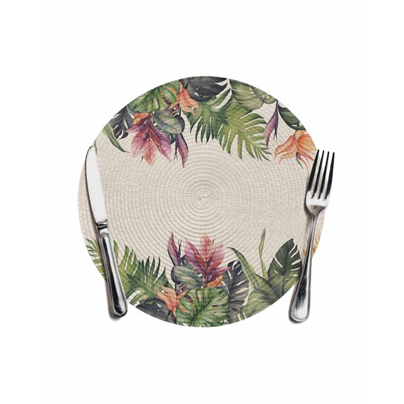 Palm Leaves Round Placemats for Dinning Tables,Heat-proof Braided Table Mats 13 Inch,Summer Botanical Tropical Plants Rustic Washable Place Mat for Kitchen Restaurant Party Decor Table Setting