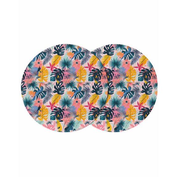 Palm Leaves Round Placemats Set of 2 for Dinning Tables,Heat-proof Braided Table Mats 13 Inch,Colorful Tropical Plant Summer Flower Washable Place Mat for Kitchen Restaurant Party Decor Table Setting