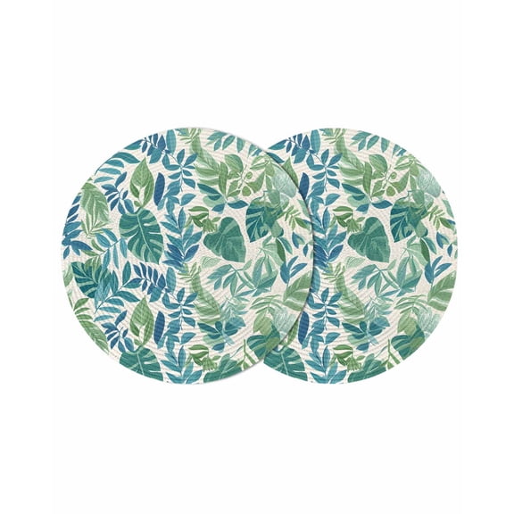 Palm Leaves Round Placemats Set of 2 for Dinning Tables,Heat-proof Braided Table Mats 13 Inch,Green Blue Tropical Plants Summer Country Washable Place Mat for Kitchen Restaurant Party Table Decor