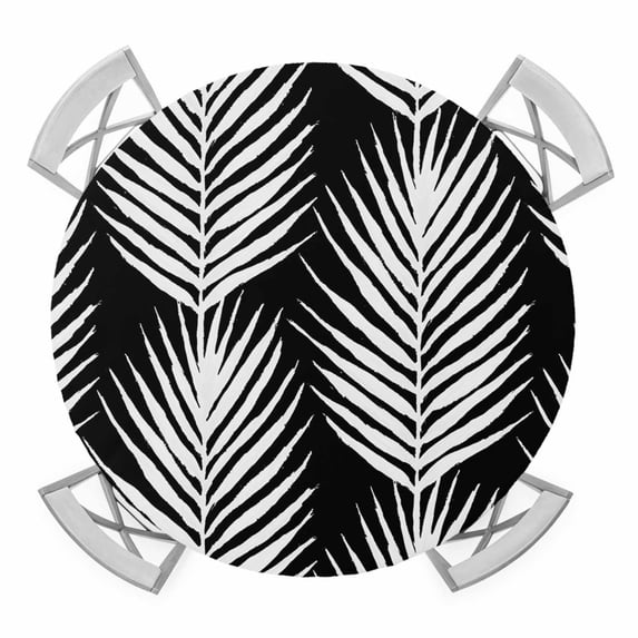 Palm Leaves Round Table Cover, Summer Rustic Leaf Botanical Black Waterproof Fitted Tablecloths for 36"-44" Tables, Washable Picnic Table Cover for Camping Dining Indoor Outdoor