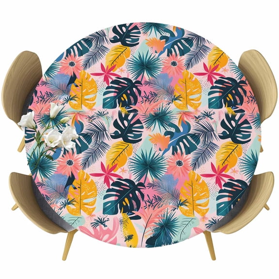Palm Leaves Round Tablecloth 36-44 Inch Round Fitted Table Cloth with Elastic Edge, Colorful Tropical Plant Summer Flower Waterproof Table Cover Protector for Outdoor Picnic Party Dining