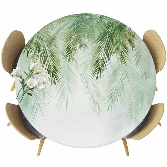 Palm Leaves Round Tablecloth 36-44 Inch Round Fitted Table Cloth with Elastic Edge, Green Watercolor Tropical Leaves Waterproof Table Cover Protector for Outdoor Picnic Party Dining