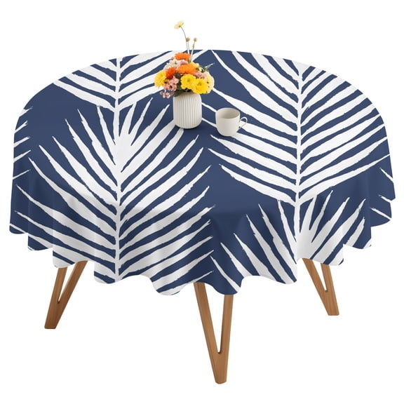 Palm Leaves Round Tablecloth 60 inches Summer Rustic Leaf Botanical Navy Blue Waterproof Oil-Proof Table Cloth Round Table Cover for Holiday Party Picnic Dinner Decor Indoor and Outdoor Use