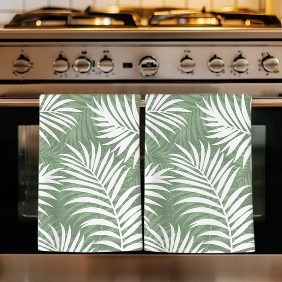 Palm Leaves Sage Green Kitchen Towels Set of 3, Summer Botanical Coastal Tropical Absorbent Dish Towels for Kitchen, Microfiber Hand Towel, Quick Drying Tea Towel for Cleaning Decorative Dishcloths