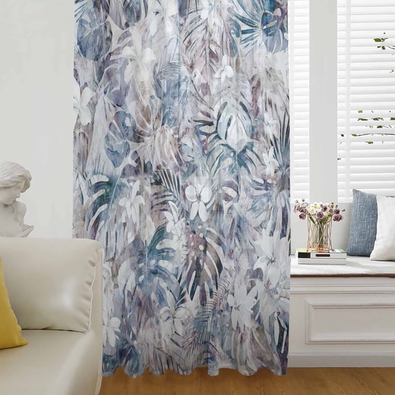 Palm Leaves Semi Sheer Curtains Drapes for Living Room,Bedroom,French Doors Window 45 Inches Long,Spring Tropical Leaf Botanical Vintage Blue Rod Pocket Chiffon Curtain Drapery Voile Draperies Panel
