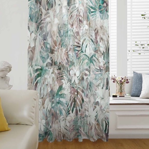 Palm Leaves Semi Sheer Curtains Drapes for Living Room,Bedroom,French Doors Window 63 Inches Long,Turquoise Tropical Leaf Botanical Retro Spring Rod Pocket Chiffon Curtain Voile Drapery Panel