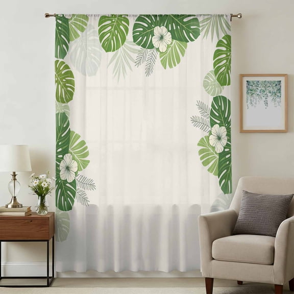 Palm Leaves Sheer Curtains 45 Inches Long for Bedroom, Farmhouse Summer Tropical Leaf Flowers Light Filtering Privacy Drapes, Breathable Semi Sheer Short Window Treatment for Kitchen Cafe Bathroom