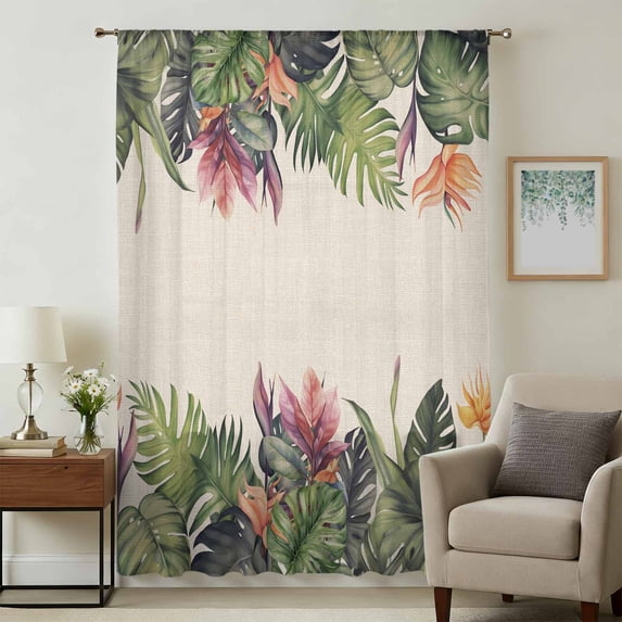 Palm Leaves Sheer Curtains 54 Inches Long, Summer Botanical Tropical Plants Rustic Light Filering Curtains, Breathable Simi Curtain Privacy Drapes for Kitchen Bathroom Nursery Small Window Treatment