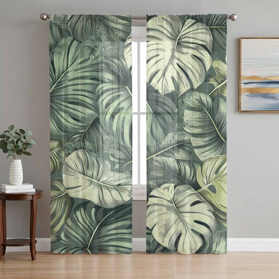 Palm Leaves Sheer Curtains 63 Inch Length 2 Panels Set, Country Summer Botanical Tropical Plants Voile Window Treatment Rod Pocket Curtains Sheers Drapes for Bedroom/Living Room/Kitchen 52x"63"x2