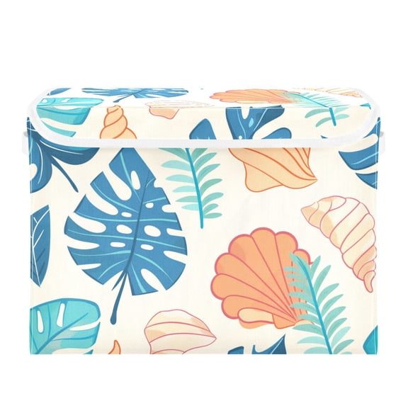 Palm Leaves Shell and Conch Foldable Storage Bin with Lid and Handle Collapsible Storage Box 16.5 x 12.6 x 11.8 inches