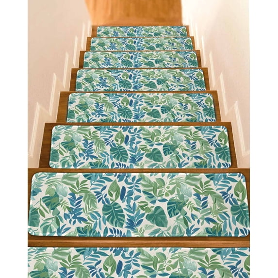 Palm Leaves Stair Treads for Wooden Steps Indoor Runner Rug Carpet, Green Blue Tropical Plants Summer Country 4 Pieces Peel and Stick Staircase Step Treads Covers Washable Throw Door Mats, 30"x8"
