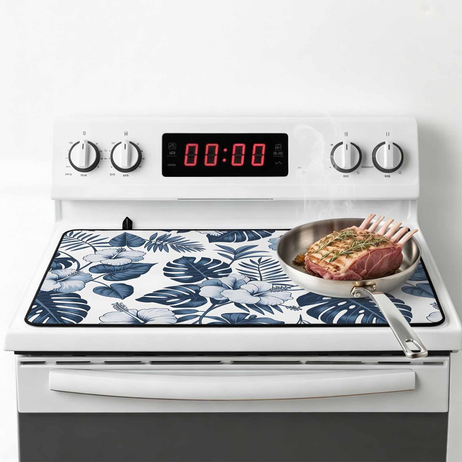 Palm Leaves Stove Top Cover for Electric Stove, Heat-proof & Non Slip Glass Top Stove Cover Protector, Vintage Summer Blue Tropical Flowers Plants Kitchen Flat Cooktop Rubber Mat 24x21 Inches