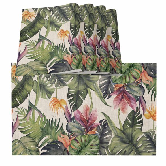 Palm Leaves Summer Botanical Tropical Plants Rustic Burlap Kitchen Place Mats Waterproof Cloth Table Mats, Indoor Outdoor Placemats Easy Clean Dinner Decor