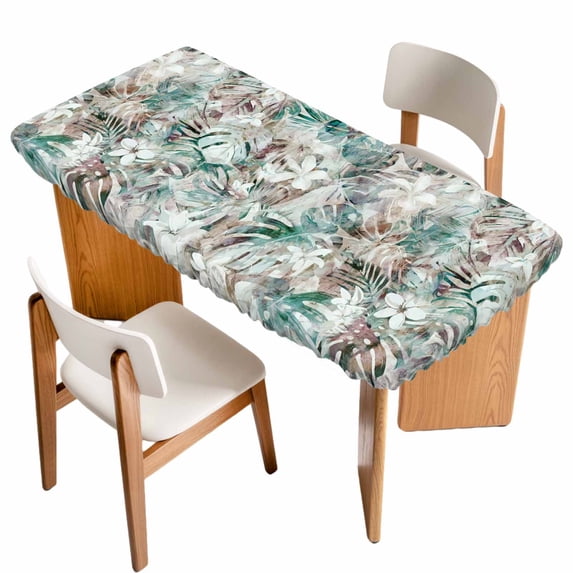 Palm Leaves Table Cloths for 3 Foot Rectangle Tables, Turquoise Tropical Leaf Botanical Retro Spring Patio Waterproof Elastic Fitted Tablecloths, Washable Rectangular Table Cover for Camping
