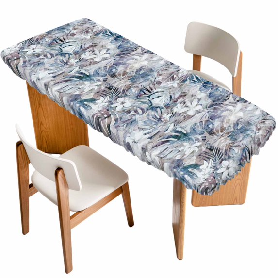 Palm Leaves Table Cloths for 8 Foot Rectangle Tables, Spring Tropical Leaf Botanical Vintage Blue Patio Waterproof Elastic Fitted Tablecloths, Washable Rectangular Table Cover for Camping