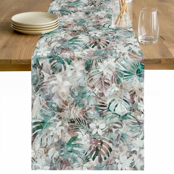 Palm Leaves Table Runner 36 Inches Long Farmhouse Dress Scarves, Turquoise Tropical Leaf Botanical Retro Spring Dining Tablerunner for Coffee Table/Kitchen Island/Party Décor, Small 13" x 36"