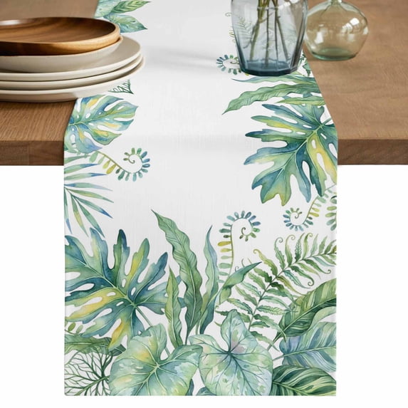 Palm Leaves Table Runner 70 Inches, Summer Watercolor Tropical Leaf Botanical Green Bed Runner Dresser Scarves Tabletop for Indoor Outdoor Parties/Ceremony/Banquet, 13" x 70"