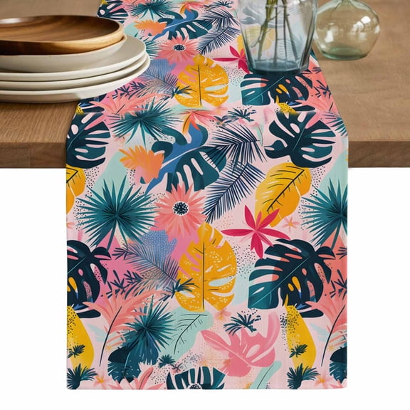 Palm Leaves Table Runner, Colorful Tropical Plant Summer Flower Washable Cotton Linen Table Runners 36 Inches Long, Dresser Scarf Runner for Nightstand/End Tables/Round Tables 13''x36''