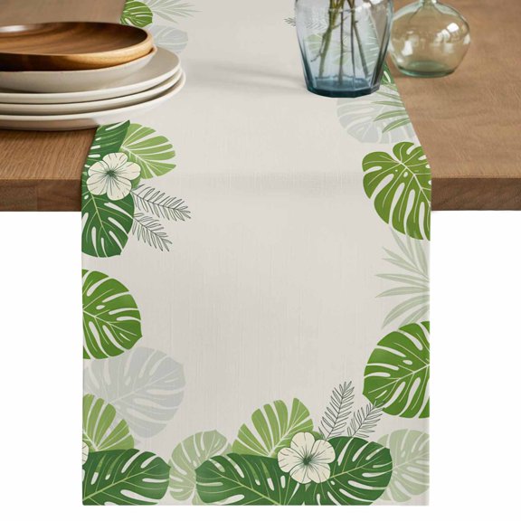 Palm Leaves Table Runner, Farmhouse Summer Tropical Leaf Flowers Washable Cotton Linen Table Runners 36 Inches Long, Dresser Scarf Runner for Nightstand/End Tables/Round Tables 13''x36''