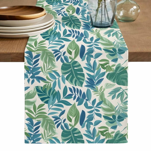 Palm Leaves Table Runner, Green Blue Tropical Plants Summer Country Washable Cotton Linen Table Runners 36 Inches Long, Dresser Scarf Runner for Nightstand/End Tables/Round Tables 13''x36''