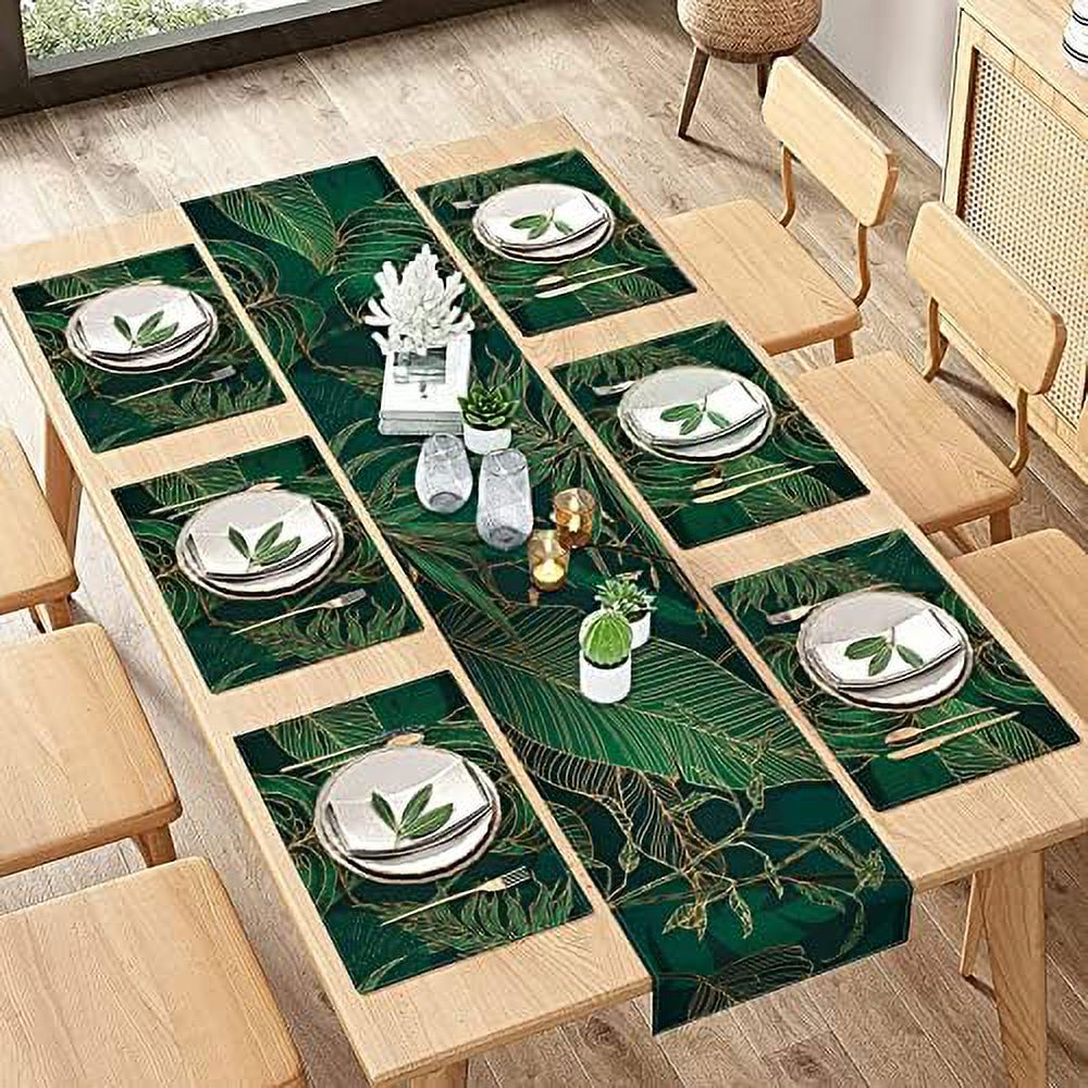 Palm Leaves Table Runner and Placemats Set of 6 Luxury Geometric Green