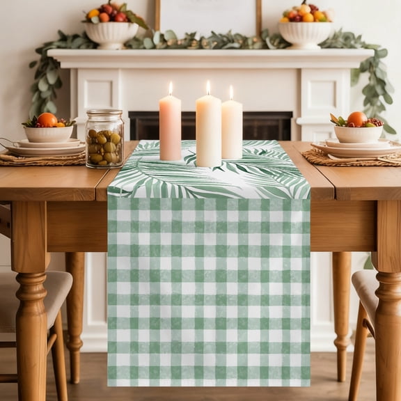 Palm Leaves Table Runner, Summer Tropical Sage Green Leaf Plaid Patchwork Washable Cotton-linen Table Runners Dining Kitchen Decoration for Everyday Home Wedding Party Decor, 18 x72 Inch