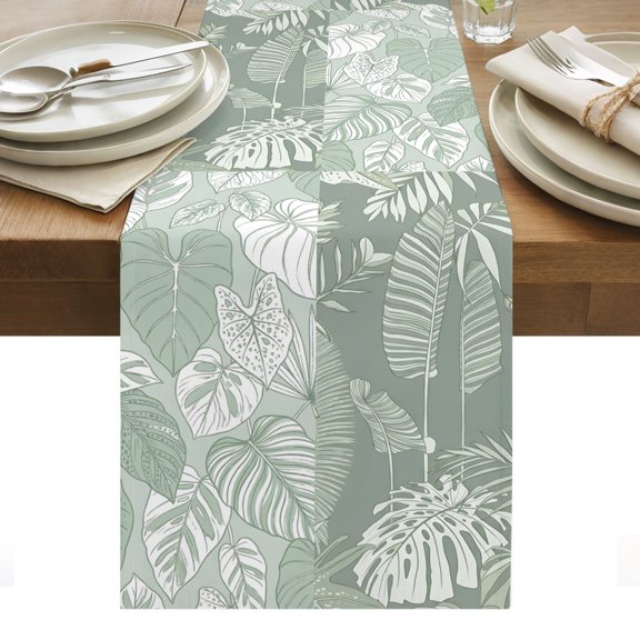 Palm Leaves Table Runner Tropical Botanical Monstera Leaf Light Green Tablerunners 13 x 48 Inch, Table Decorations Tabletop Scarf for Summer Gathering Holiday Farmhouse Kitchen Dining Decor