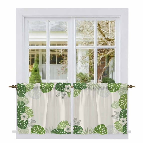 Palm Leaves Tier Curtains 36 Inch Length, Farmhouse Summer Tropical Leaf Flowers Cafe Short Curtains for Bathroom Over Sink, Small Kitchen Curtain Light Filtering Tiered Drapes 2 Panels 27.5"Wx36"L