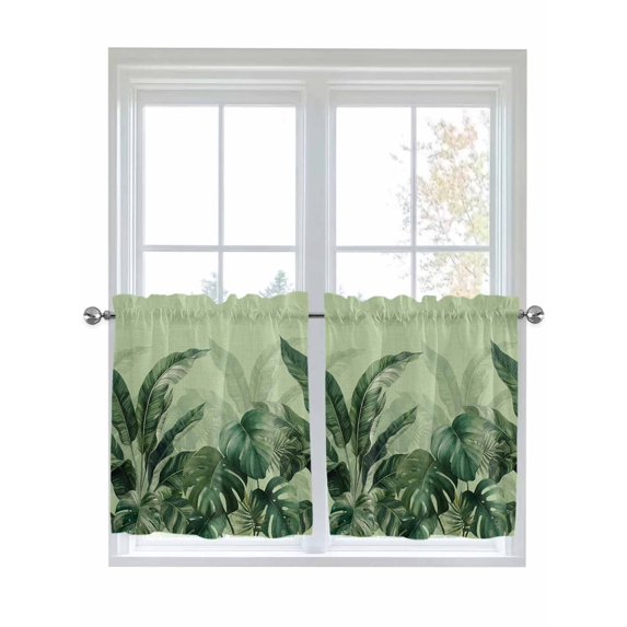 Palm Leaves Tropical 2 Panel Kitchen Curtains for Small Windows, Green Botanical Summer Green Ombre Bathroom Tier Curtain, Short Window Treatment for Bedroom/Living Room 55"x36"