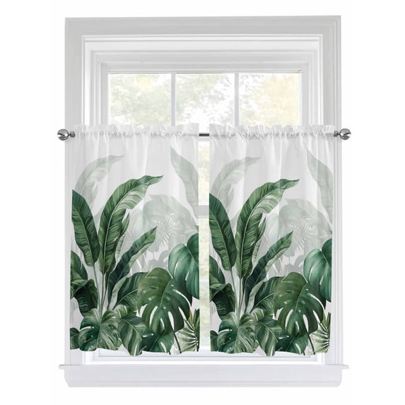 Palm Leaves Tropical 2 Panel Kitchen Curtains for Windows, Green Botanical Summer Bathroom Privacy Curtain, Home Décor Window Treatment for Bedroom/Living Room 55"x45"