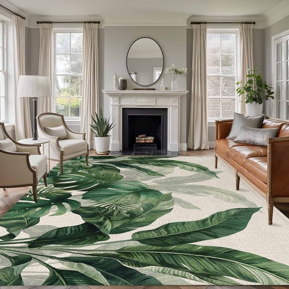Palm Leaves Tropical Area Rugs 5'x8', Washable Small Throw Rugs for Classroom Bedroom, Green Botanical Summer Linen Indoor Outdoor Rug Non-Slip Low Pile Carpet Runner Reversible Floor Mats