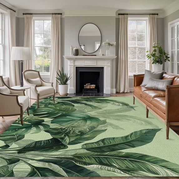 Palm Leaves Tropical Area Rugs 8'x10', Washable Small Throw Rugs for Living Room Patio, Green Botanical Summer Green Ombre Indoor Outdoor Rug Non-Slip Low Pile Carpet Runner Reversible Floor Mats
