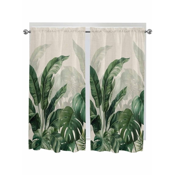Palm Leaves Tropical Bathroom Window Curtain, Green Botanical Summer Linen Light Filtering Coffee Kitchen Curtains, Bedroom Living Room Curtains 2 Panel 84"x63"