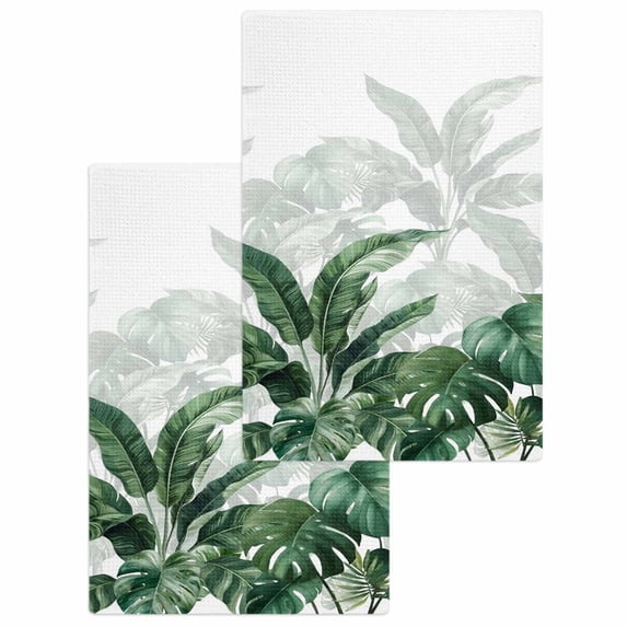 Palm Leaves Tropical Kitchen Dish Towels for Drying Dishes Set of 2, Green Botanical Summer Waffle Weave Microfiber Hand Tea Bathroom Towels Quick Dry & Absorbent Towel 15.7x23.6