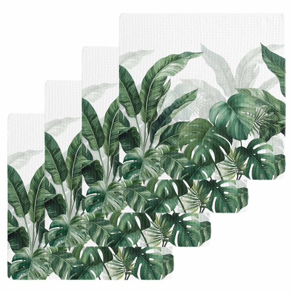 Palm Leaves Tropical Kitchen Dish Towels for Drying Dishes Set of 4, Green Botanical Summer Waffle Weave Microfiber Hand Tea Bathroom Towels Quick Dry & Absorbent Towel 12x12